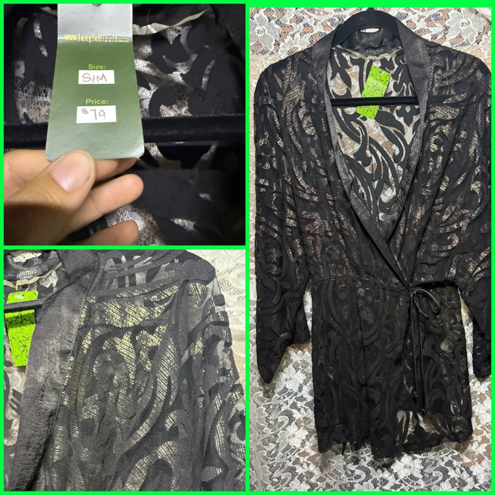 Solemio NWT Black Sheer burnout paisley gold short Robe s/m